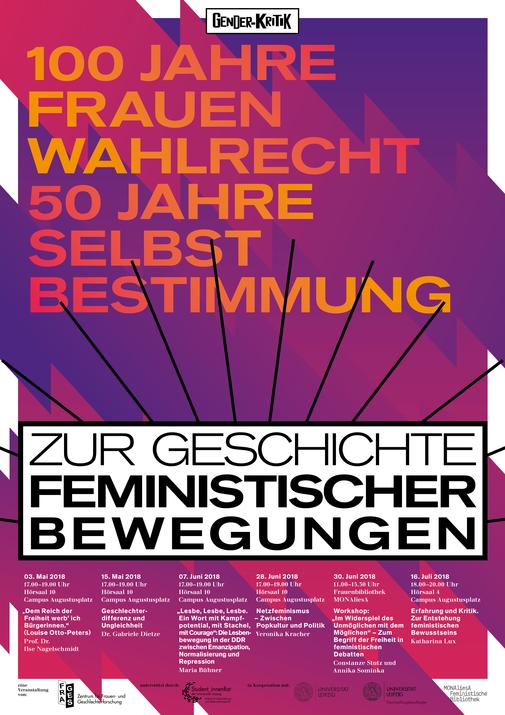 Poster der Gender Kritik Reihe für die Veranstaltungsreihe Zur Geschichte Feministischer Bewegungen, Foto: FraGes Archiv zur Vergrößerungsansicht des Bildes: Buntes Poster mit der Aufschrift 100 Jahre Frauenwahlrecht 50 Jahre Selbstbestimmung, zur Geschichte feministischer Bewegungen. Darunter stehen die Veranstaltungen.